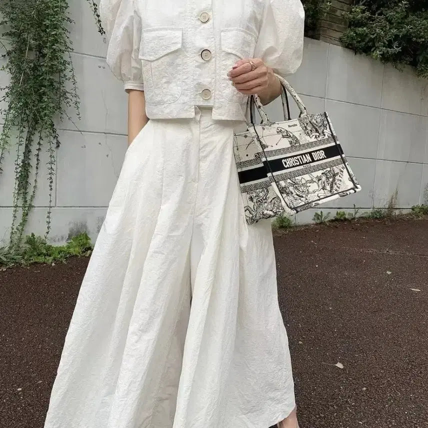 [BUNJANG] White Puff Sleeve Crop Jacket & Culottes Set / (새상품)화이트 퍼프 소매 크롭 자켓 & 치마바지 세트