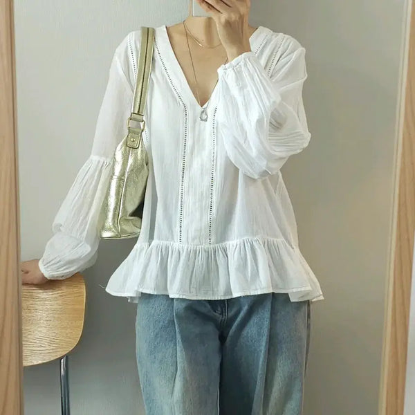 [BUNJANG] GAP Women's Long Sleeve V-Neck Cotton Blouse with Frill Detail / (M)GAP 여성 긴팔 브이넥 코튼 블라우스