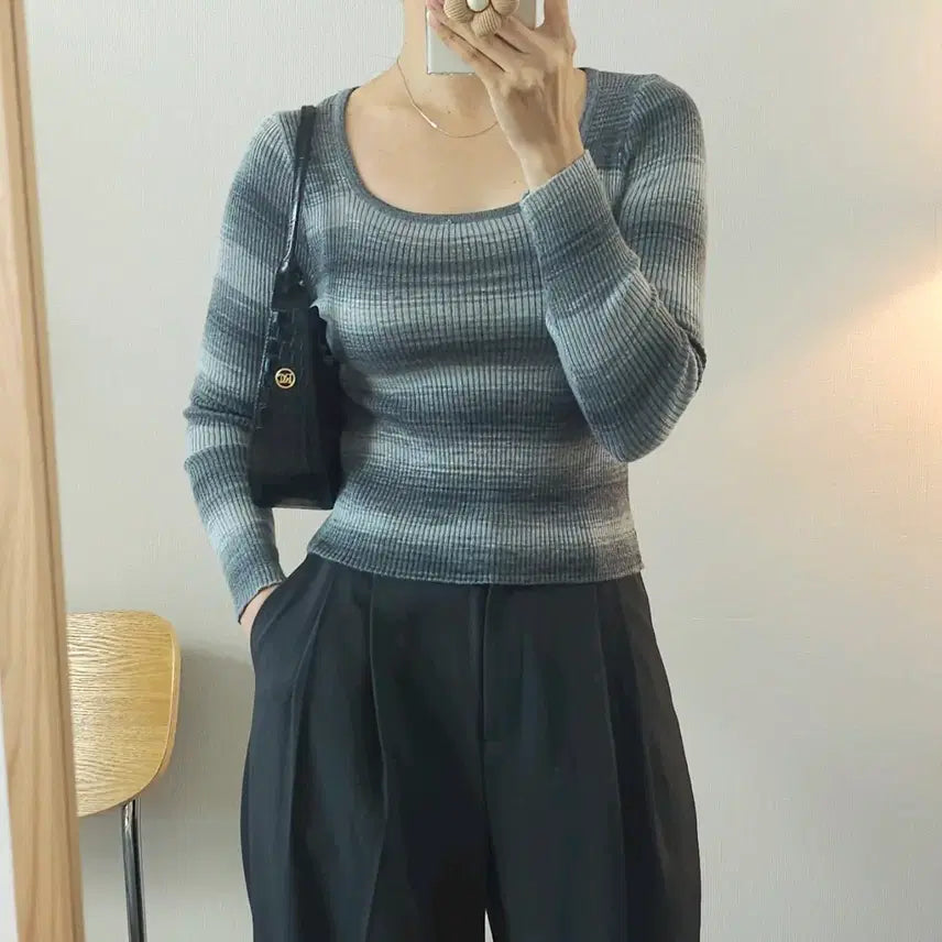 [BUNJANG] Women's Square Neck Stripe Long Sleeve Knit Top / (F)여성 스퀘어넥 스트라이프 긴팔 니트