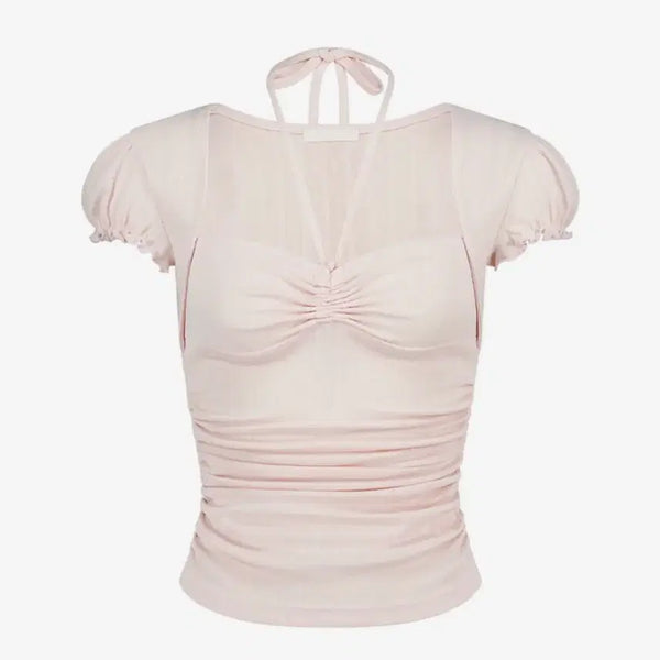 [BUNJANG] Illigo Shirring Halter Top Pink / [핑크]일리고 셔링홀터탑 셔링탑 발레코어 러블리룩 일리고 탑 반팔티 히메갸루