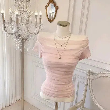 [BUNJANG] Shirring See-Through Off-Shoulder Blouse (Sky, Pink) / 셔링 시스루 오프숄더 블라우스(스카이,핑크)