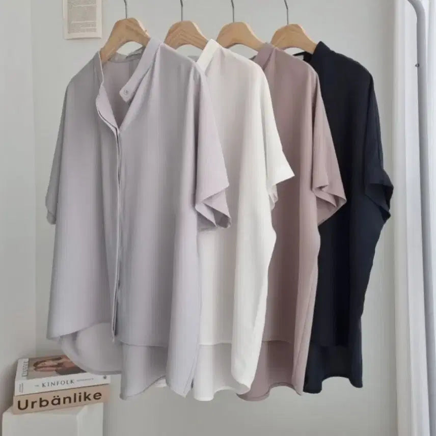 [BUNJANG] Mandarin Collar Short Sleeve Asymmetrical Blouse / 차이나넥 반팔 언발 블라우스