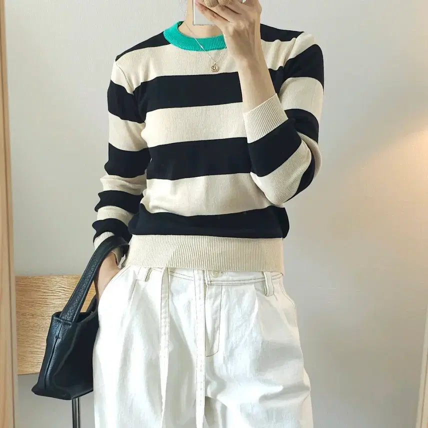 [BUNJANG] Women's Striped Round Neck Long Sleeve Knit / (F)여성 스트라이프 라운드넥 긴팔 니트