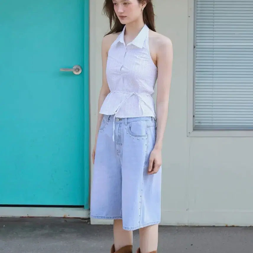 [BUNJANG] Michiko Koshino Seersucker Stripe Halterneck Top White / 미치코런던코시노 시어서커 스트라이프 홀터넥 탑 화이트