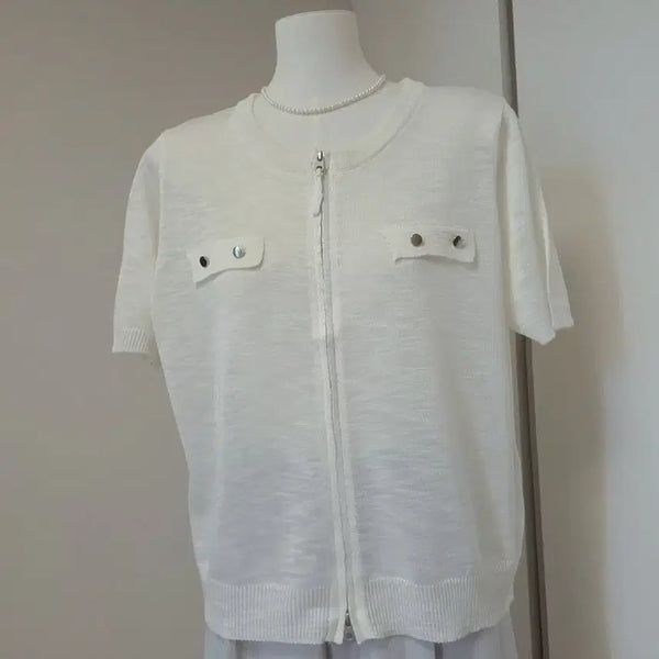 [BUNJANG] White Summer Cool Knit Zip-Up / 흰색 여름 반팔 쿨니트 집업