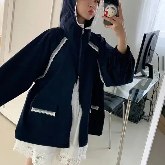 [BUNJANG] Bycini Lace Windbreaker Navy / 바이씨니 레이스 바람막이 네이비
