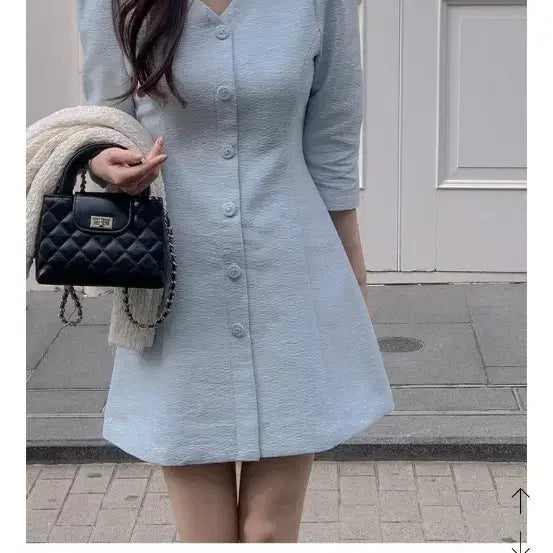 [BUNJANG] Dallie Hotel Cynael V-Neck Button A-Line Mini Tweed Dress (Sky Blue, S) / 달리호텔 시니엘 브이넥 버튼 A라인 미니 트위드 원피스 소라 S