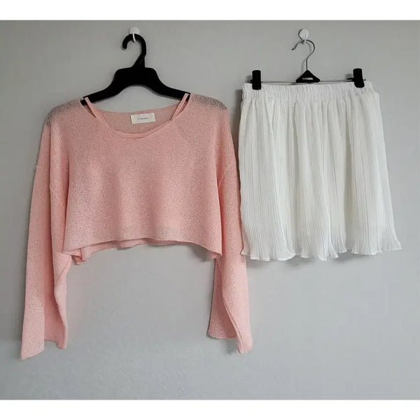 [BUNJANG] Pink Knit & Camisole Set with White Chiffon Skirt (One Size) / [코디 세트] 핑크색 니트&나시 + 흰색 쉬폰 스커트 (프리사이즈)