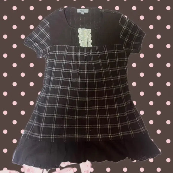 [BUNJANG] Axesfarm Brown Check Mini Dress Blouse Layered Top / 모리걸 엑시즈팜 빈티지 반팔 브라운 체크 미니 원피스 블라우스 레이어드