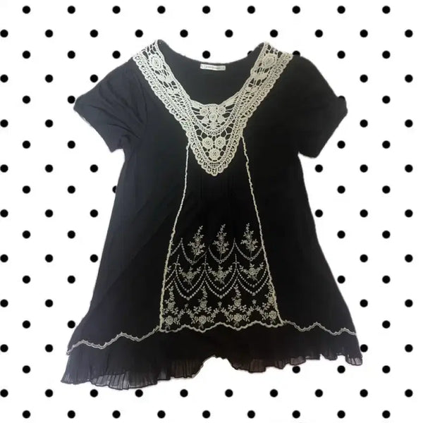 [BUNJANG] Axes Femme Black Mini Dress Vintage Mori Girl Layered Short Sleeve / Axes femme 엑시즈팜 반팔 미니 원피스 빈티지 블랙 모리걸 레이어드