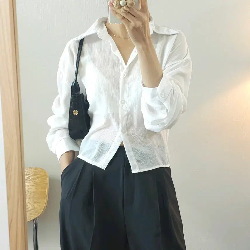 [BUNJANG] Sheer Long-Sleeve Shirt with Ribbon Detail / (F)여성 시스루 긴팔 셔츠 리본