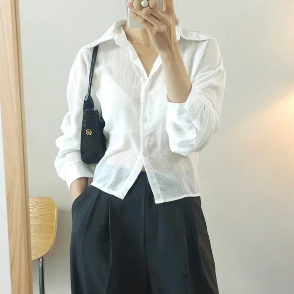 [BUNJANG] Sheer Long-Sleeve Shirt with Ribbon Detail / (F)여성 시스루 긴팔 셔츠 리본