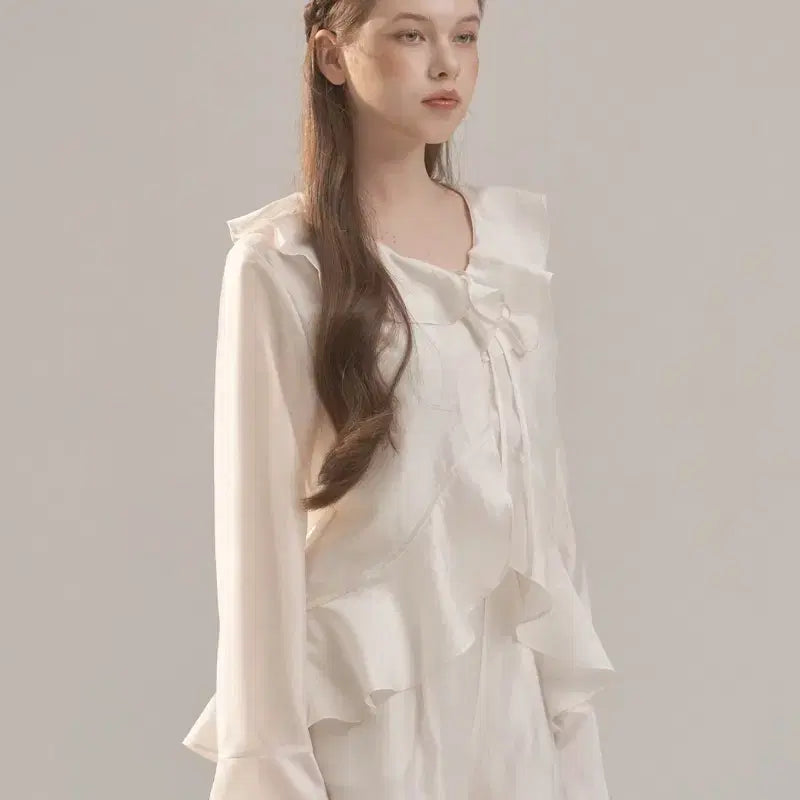 [BUNJANG] PER JANE Camille Sheer Ruffle Blouse Cardigan Set (White Ivory) / 퍼제인 camille sheer ruffle blouse cardigan set (white ivory)