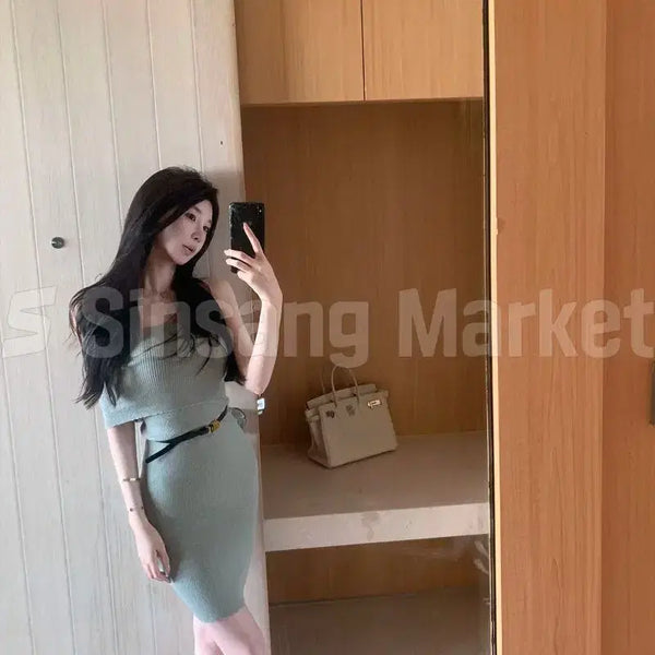 [BUNJANG] Slim Off-Shoulder Belted Dress / [빠른발송] 슬림 오프숄더 벨트 원피스 하객룩 파티 오피스룩