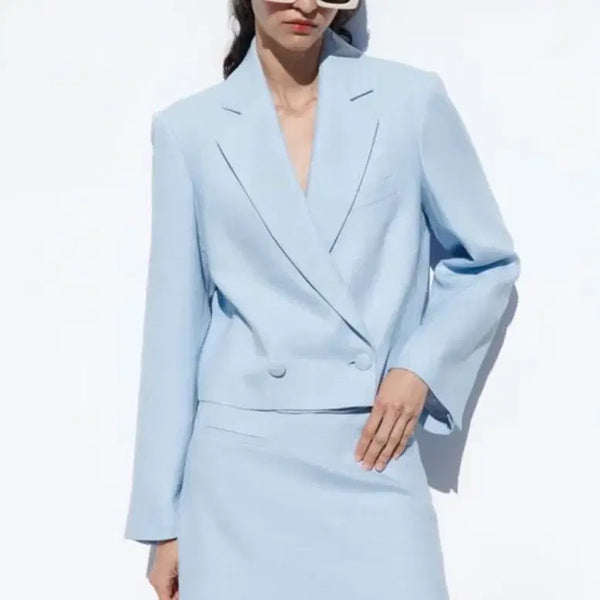 [BUNJANG] Zara Linen Cropped Blazer Two-Piece Set - Light Blue / [자라]린넨 크롭 블레이저 투피스 - 라이트 블루