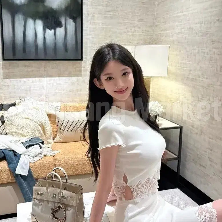 [BUNJANG] CROP WAVE LACE TOP SKIRT SET / [빠른발송] 크롭 물결 레이스 탑 스커트 셋업