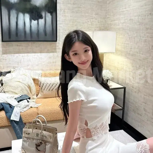 [BUNJANG] CROP WAVE LACE TOP SKIRT SET / [빠른발송] 크롭 물결 레이스 탑 스커트 셋업