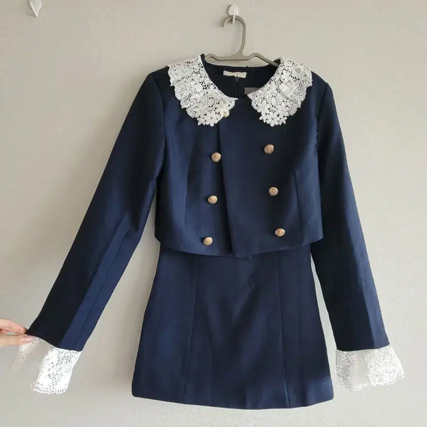 [BUNJANG] Navy Lace Collar Two-Piece Set (XS-S) / [xs~s 사이즈] 네이비색 레이스 카라 투피스 세트