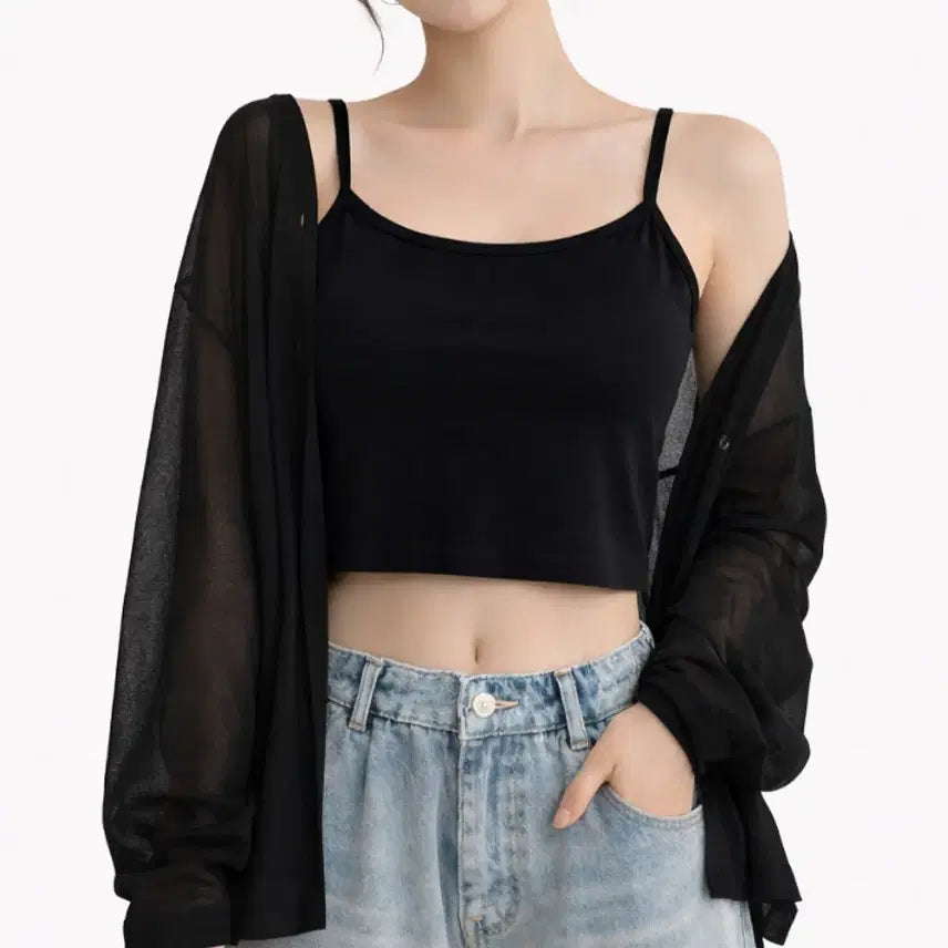 [BUNJANG] Women's Plus Size Spandex Layered Crop Tank Top 2-Piece Set (Black) / [새상품/4,500원] 빅사이즈 여성 스판 레이어드 이너 크롭 끈나시 2P세트(블랙]