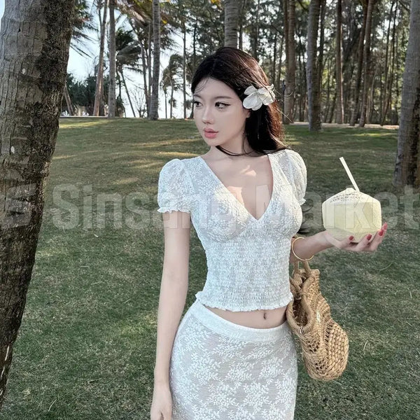 [BUNJANG] Floral Lace Setup Set - Bridal Guest Look, Vacation, Party, Office Wear / [빠른발송] 섹시 잔꽃 레이스 셋업 하객룩 바캉스룩 파티룩 오피스룩