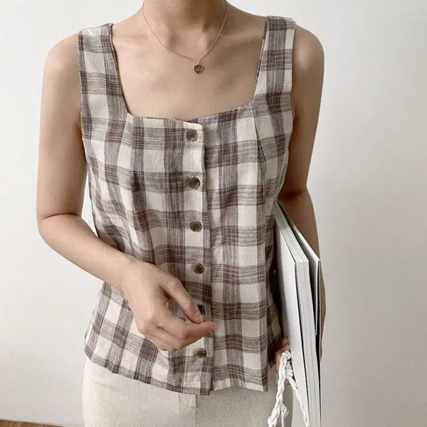 [BUNJANG] Brown Check Sleeveless Blouse / 브라운 체크 나시 블라우스