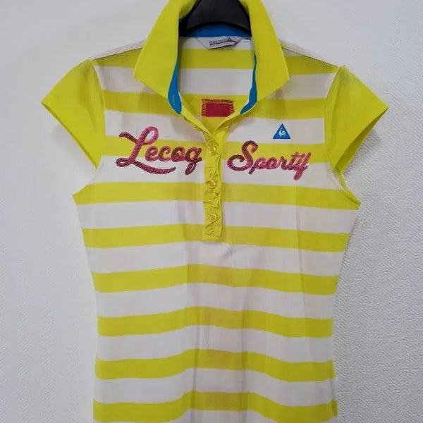 [BUNJANG] Le Coq Sportif Women's Golf Short-Sleeve Polo Shirt Yellow/White Stripe / 르꼬끄 스포르티브 여성 골프복 옐로우/화이트 단가라 반팔 카라티
