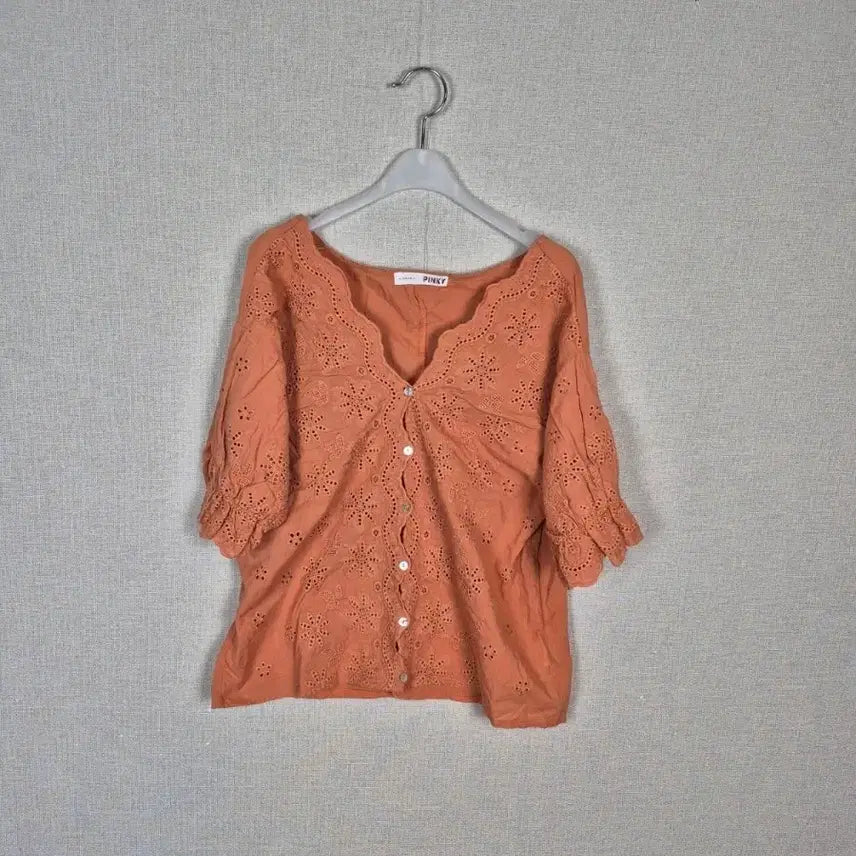 [BUNJANG] Coral Orange Cotton Punching Blouse Cardigan M / (#66,77추천/M)면100% 코랄오렌지 펀칭 블라우스 가디건