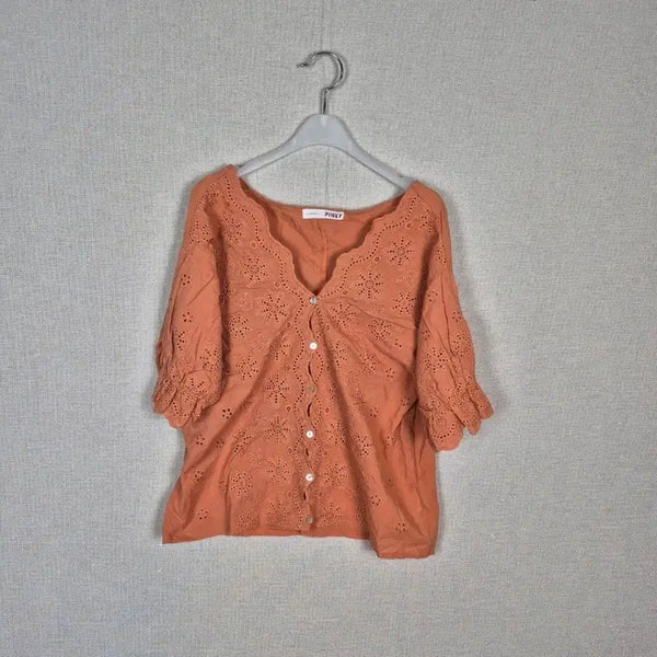 [BUNJANG] Coral Orange Cotton Punching Blouse Cardigan M / (#66,77추천/M)면100% 코랄오렌지 펀칭 블라우스 가디건