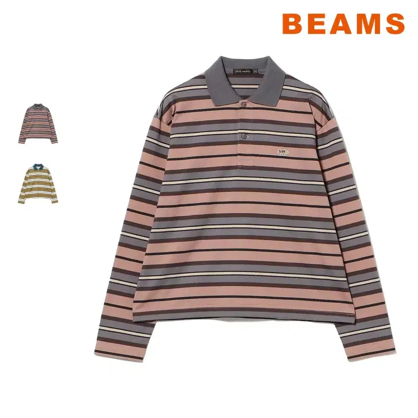 [BUNJANG] BEAMS BOY Multi Stripe Long Sleeve Polo Shirt / 빔즈 보이 사이 멀티스트라이프 긴팔 폴로셔츠
