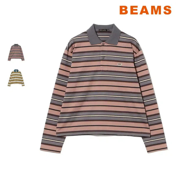 [BUNJANG] BEAMS BOY Multi Stripe Long Sleeve Polo Shirt / 빔즈 보이 사이 멀티스트라이프 긴팔 폴로셔츠