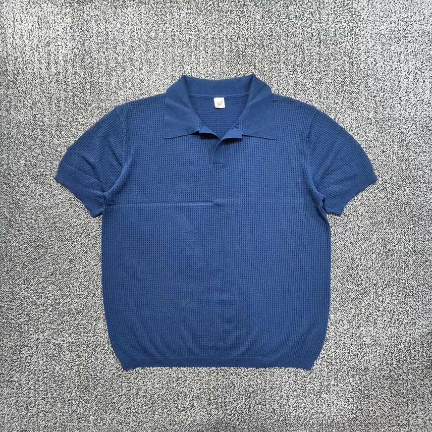 [BUNJANG] Vintage9 Partirmento Waffle Punching Open Collar Short Sleeve Knit / 빈티지9. 파르티멘토 와플 펀칭 오픈카라 반팔 니트