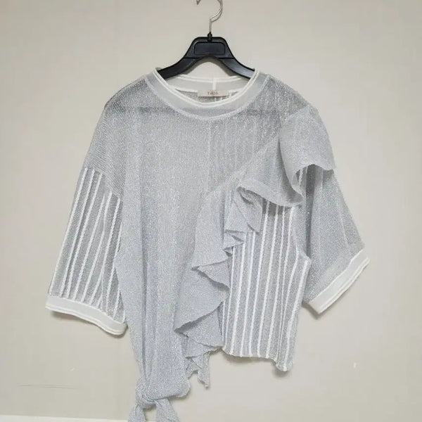 [BUNJANG] Silver Asymmetric Shirring Blouse / 실버 언발셔링 블라우스 FREE