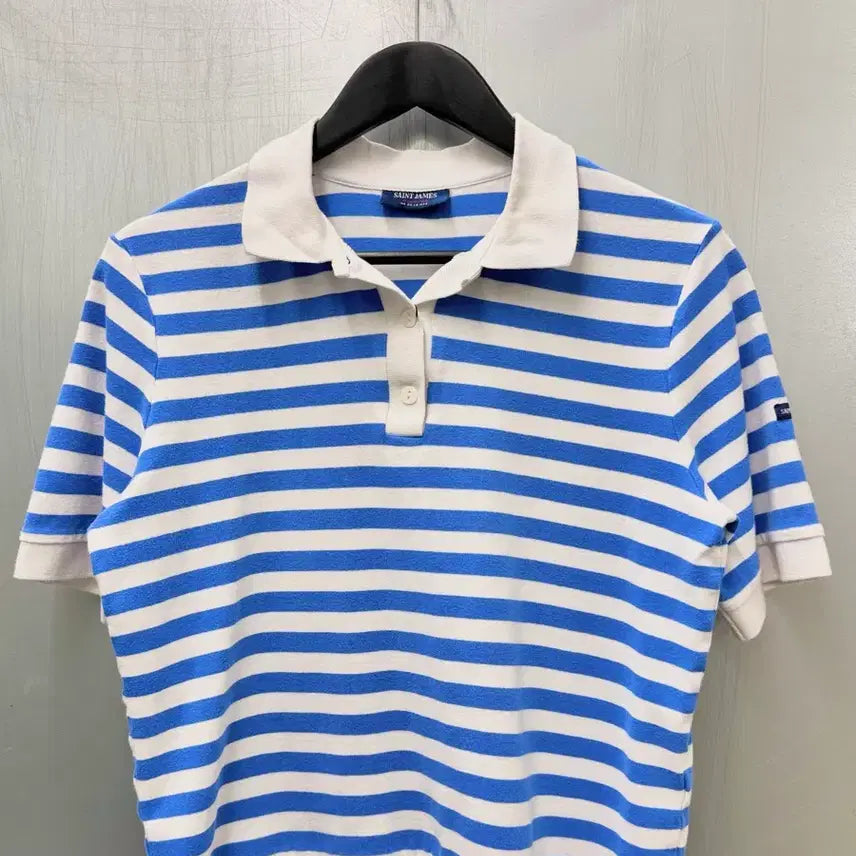 [BUNJANG] Saint James Blue White Stripe Short Sleeve Polo Shirt / Saint James 세인트제임스 블루 화이트 스트라이프 반소매 카라티