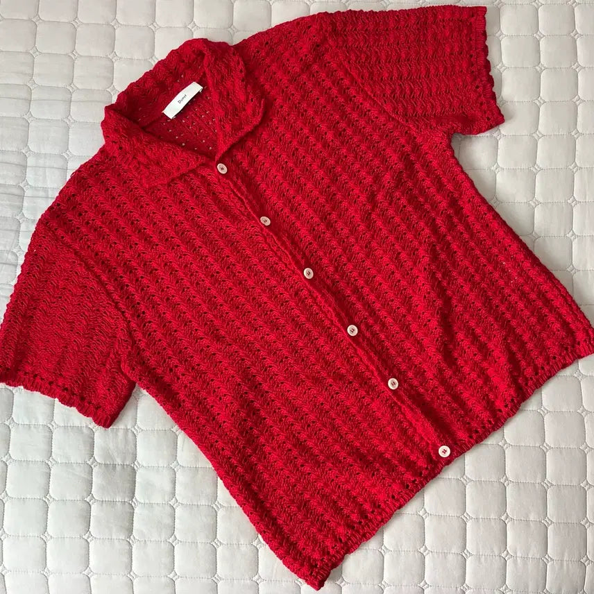 [BUNJANG] Dunst Open Collar Crochet Knit Cardigan Red M / M) 던스트 오픈 카라  크로셰 니트 니트 가디건 레드