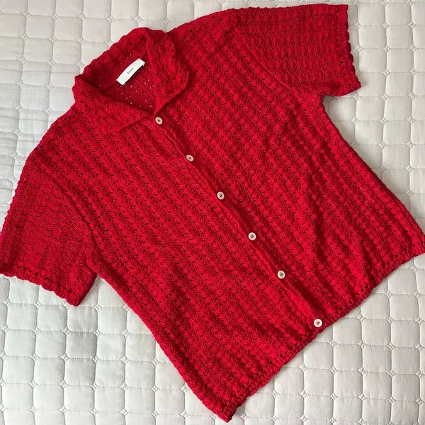 [BUNJANG] Dunst Open Collar Crochet Knit Cardigan Red M / M) 던스트 오픈 카라  크로셰 니트 니트 가디건 레드