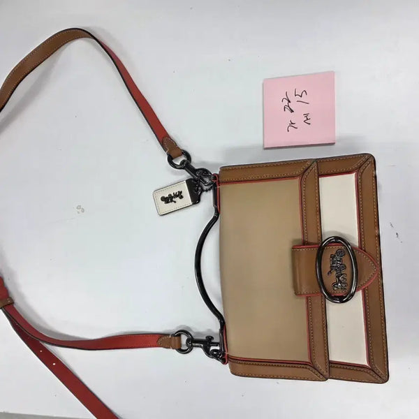 [BUNJANG] Coach Shoulder Bag Beige/White/Brown with Red Strap Accent / 코치 숄더백 베이지/화이트/브라운