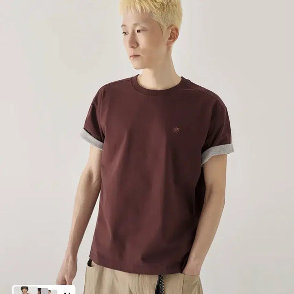 [BUNJANG] KIMUER Colorblock Roll-up Cropped Short-Sleeve T-Shirt - Burgundy / 키뮤어 [크롭] 배색 롤업 크롭 반팔 티셔츠_버건디