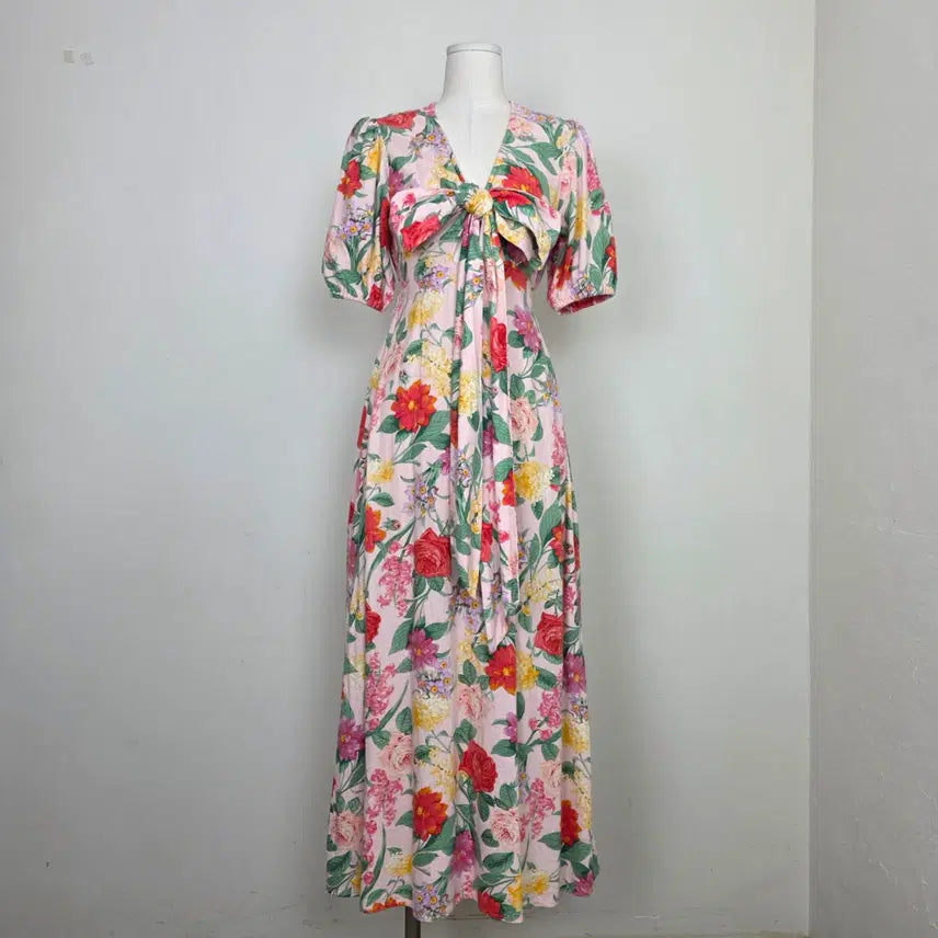 [BUNJANG] Old Navy Pink Floral Linen Maxi Dress / 올드네이비 핑크 플로럴 린넨 타이 리본 맥시 원피스 미국빈티지