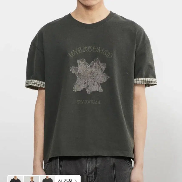 [BUNJANG] Begin202 Dry Flower Crop Roll-up T-Shirt [Washed Charcoal] / 비긴202 드라이 플라워 크롭 롤업 티셔츠 [워시드 차콜]