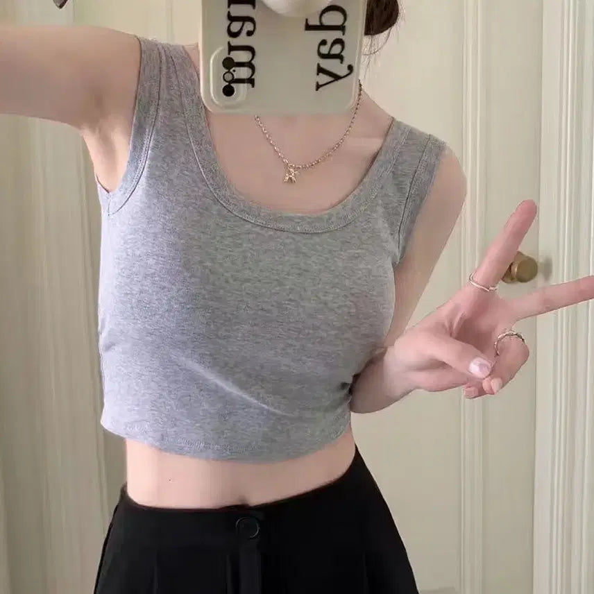 [BUNJANG] Nittai Layered Spandex Crop Tank Top (Gray) / 닛와이 레이어드 스판 크롭 나시 (그레이)