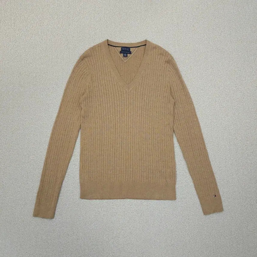 [BUNJANG] Tommy Hilfiger Women's V-Neck Cable Knit Long Sleeve Sweater Camel / (M)타미힐피거 여성 브이넥 케이블 긴팔 니트 카멜