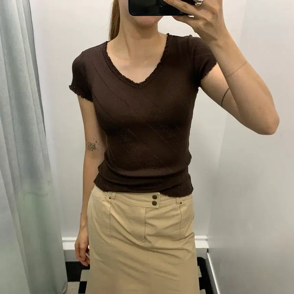 [BUNJANG] Brown V-Neck Summer Short-Sleeve Knit Top / 브라운 브이넥 썸머 반팔니트