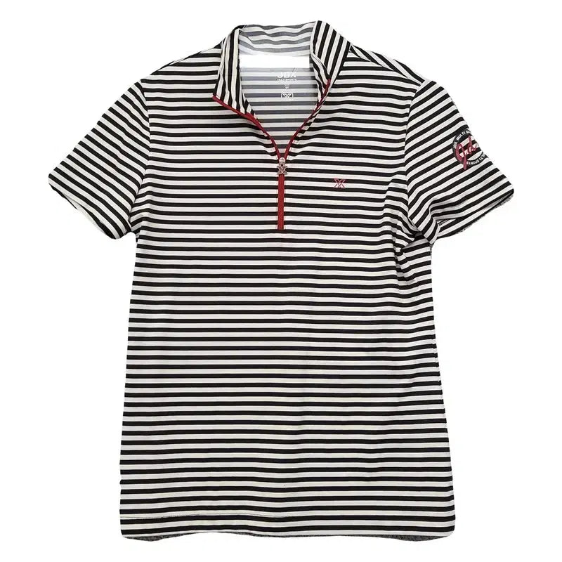 [BUNJANG] JDX Striped Black Golf Half-Zip Short Sleeve Collar T-Shirt 95 / JDX 스트라이프 블랙 골프 반집업 반팔 카라티 95