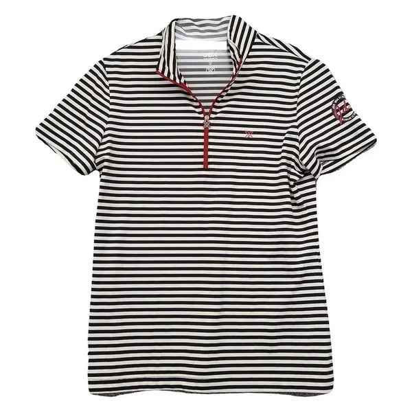 [BUNJANG] JDX Striped Black Golf Half-Zip Short Sleeve Collar T-Shirt 95 / JDX 스트라이프 블랙 골프 반집업 반팔 카라티 95