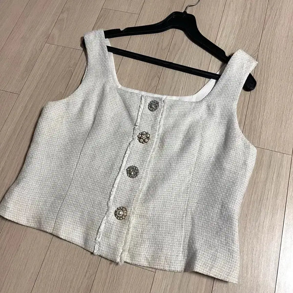 [BUNJANG] BAZAAR 100% Linen Jewel Button Bustier Vest / 제평 바자르 린넨100% 보석 단추 뷔스티에 조끼 베스트 BAZAAR 트위드스타일 나시 쥬얼 큐빅 버튼 하객룩 레이어드