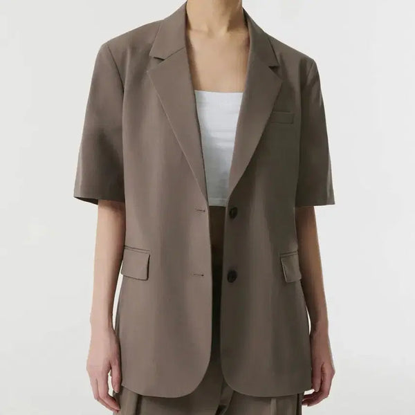 [BUNJANG] Women's Lightweight Oversized Short Sleeve Blazer / 우먼즈 라이트웨이트 오버사이즈 반팔 블레이저 [더스티 베이지]
