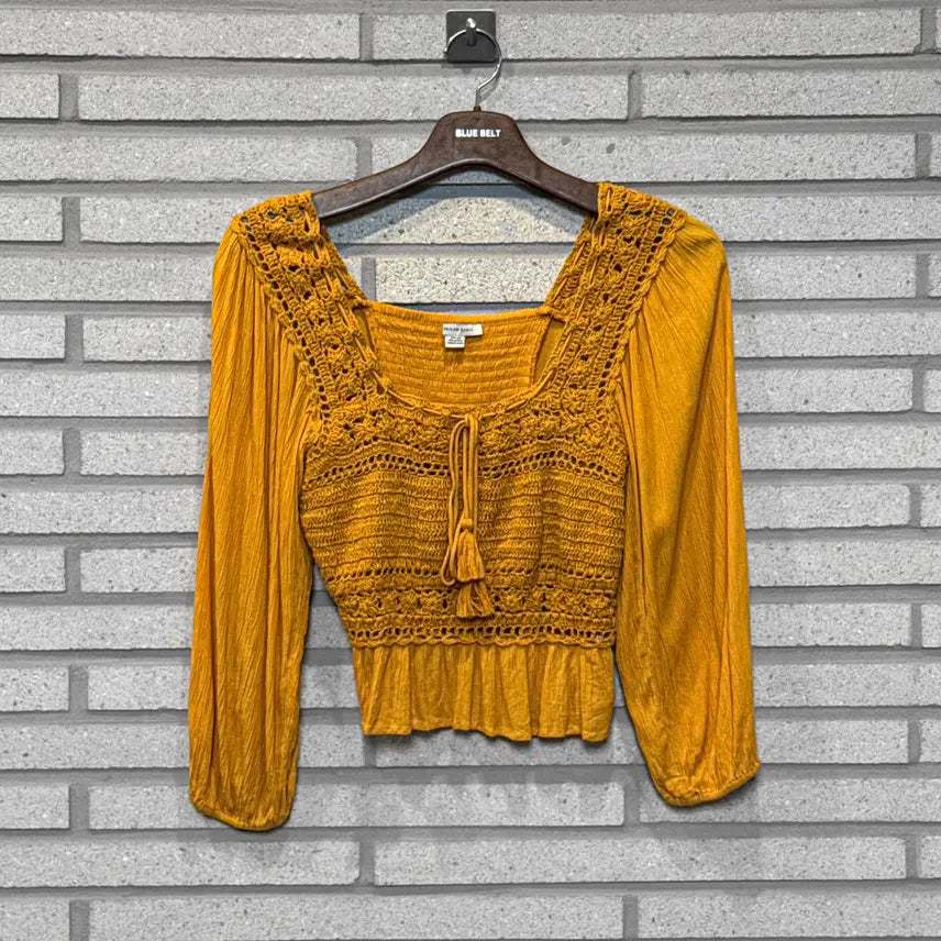 [BUNJANG] Japanese Vintage Lace Blouse with Shirring Detail - Yellow / JPN VINTAGE 블라우스 레이스 셔링 디테일 옐로우