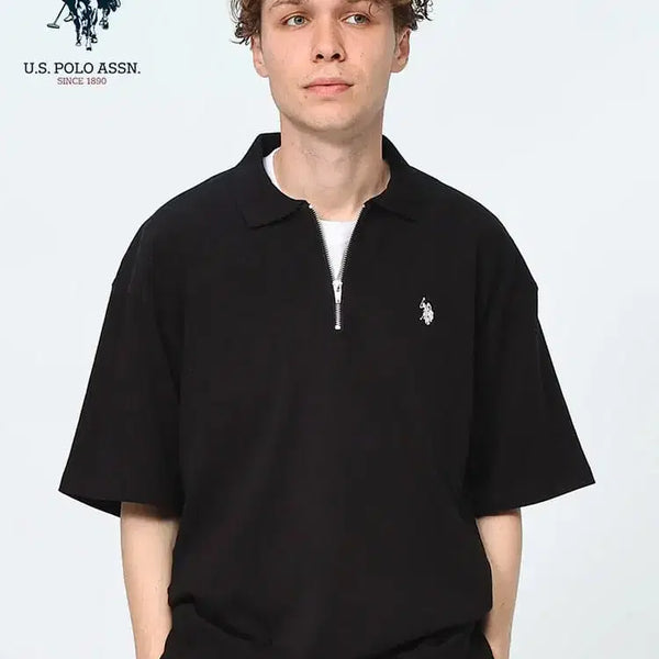 [BUNJANG] U.S. POLO ASSN. Half-Zip Short Sleeve Polo Shirt Black LL / U.S. POLO ASSN. 유에스 폴로 어신  포인트 로고 자수 하프집업 반팔 폴로 셔츠 블랙 LL