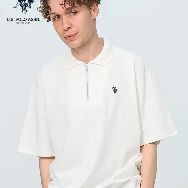 [BUNJANG] U.S. Polo Assn. Embroidered Half-Zip Short Sleeve Polo Shirt White L / U.S. POLO ASSN. 유에스 폴로 어신  포인트 로고 자수 하프집업 반팔 폴로 셔츠 화이트 L