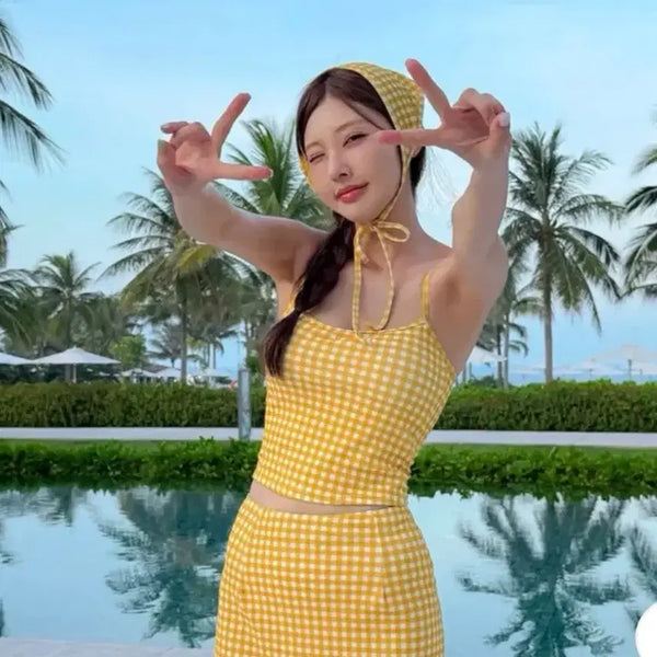 [BUNJANG] Yellow Check 4pcs Bikini Swimsuit Set Monokini / 옐로우 체크 4pcs 비키니 수영복 세트 모노키니